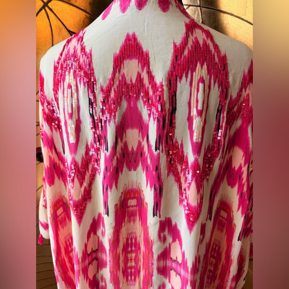 HEMANT & NANDITA Pink and Cream Printed sequin fringe tassel Kimono - Picture 10 of 10
